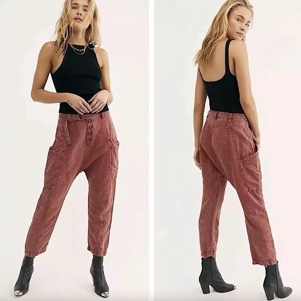 Free People Desert Daze Linen Blend Slouchy Distressed Boho Harem Pants Sz 6
